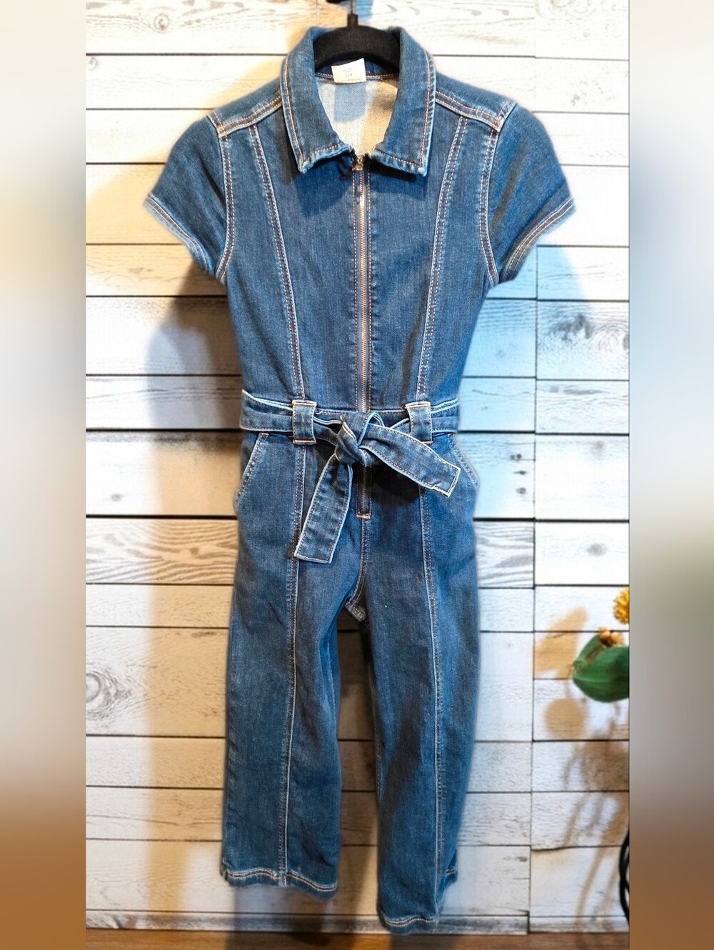 936 Abercrombie Kids Dark Wash Denim Short Sleeve Jumpsuit Zipper Tie Waist